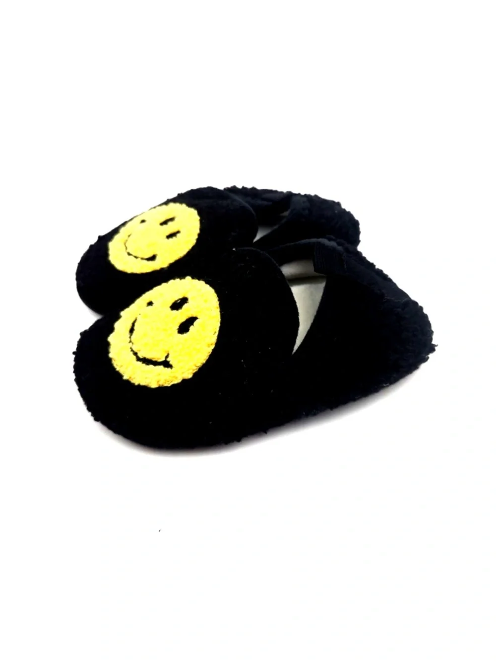 Baby Slipper Shoes Size 6/7 Unisex Black Slip On Rubber Bottoms Smilie Face